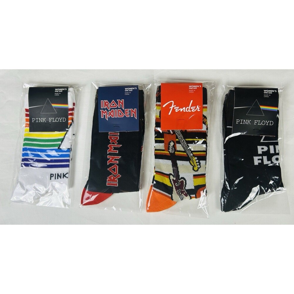 Rock Crew Socks Women's One Size Pink Floyd  Iron Maiden Fender Lot/4 Fun New